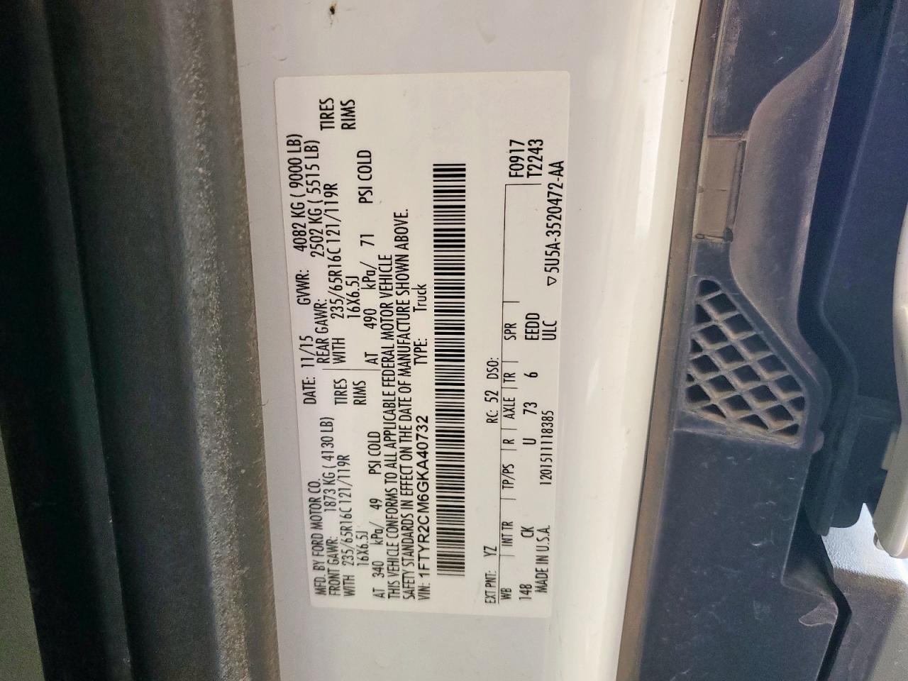 2016 Ford Transit T-250 VIN: 1FTYR2CM6GKA40732 Lot: 85519335