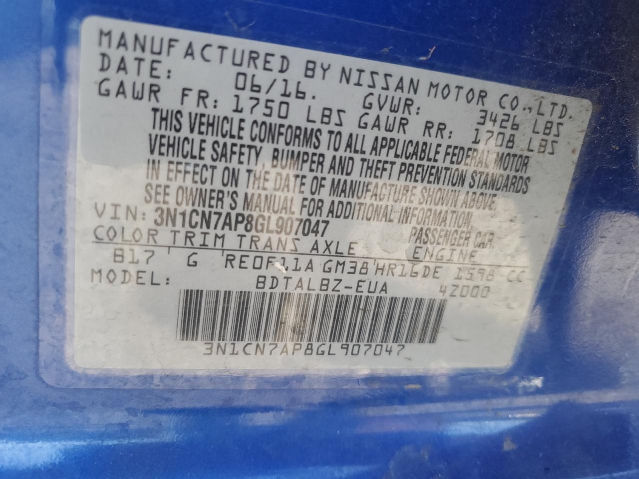 2016 Nissan Versa S VIN: 3N1CN7AP8GL907047 Lot: 89803105