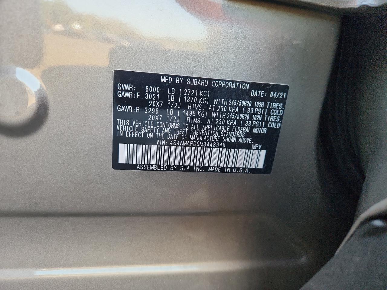 2021 Subaru Ascent Limited VIN: 4S4WMAPD9M3448346 Lot: 85301325