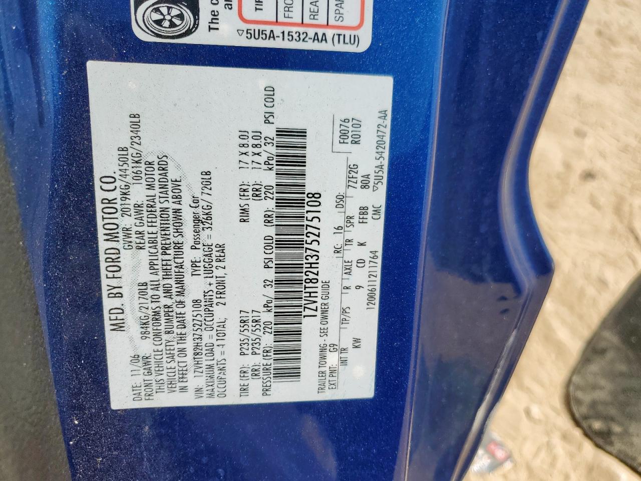 2007 Ford Mustang Gt VIN: 1ZVHT82H375275108 Lot: 81949785