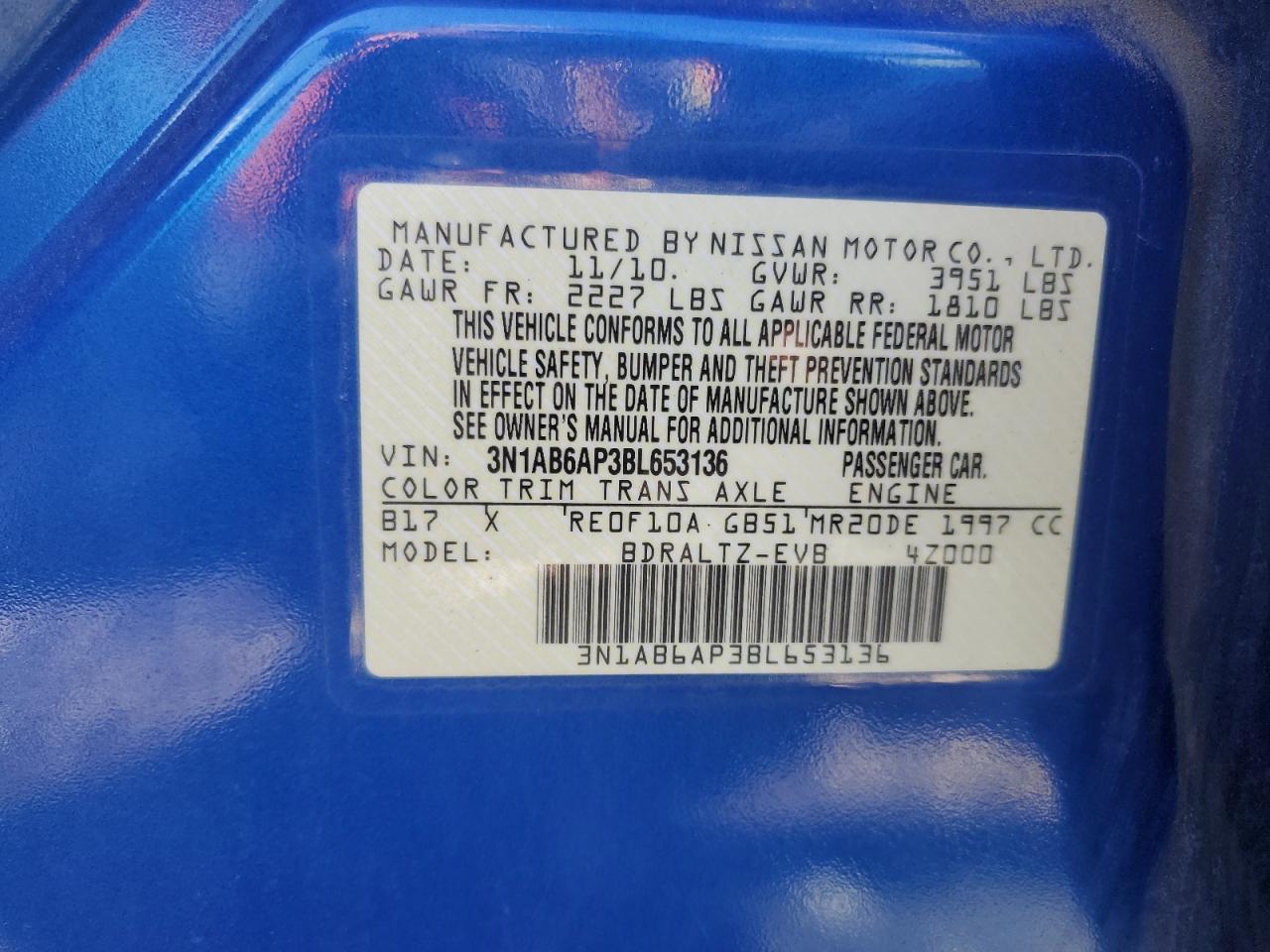 2011 Nissan Sentra 2.0 VIN: 3N1AB6AP3BL653136 Lot: 85112335