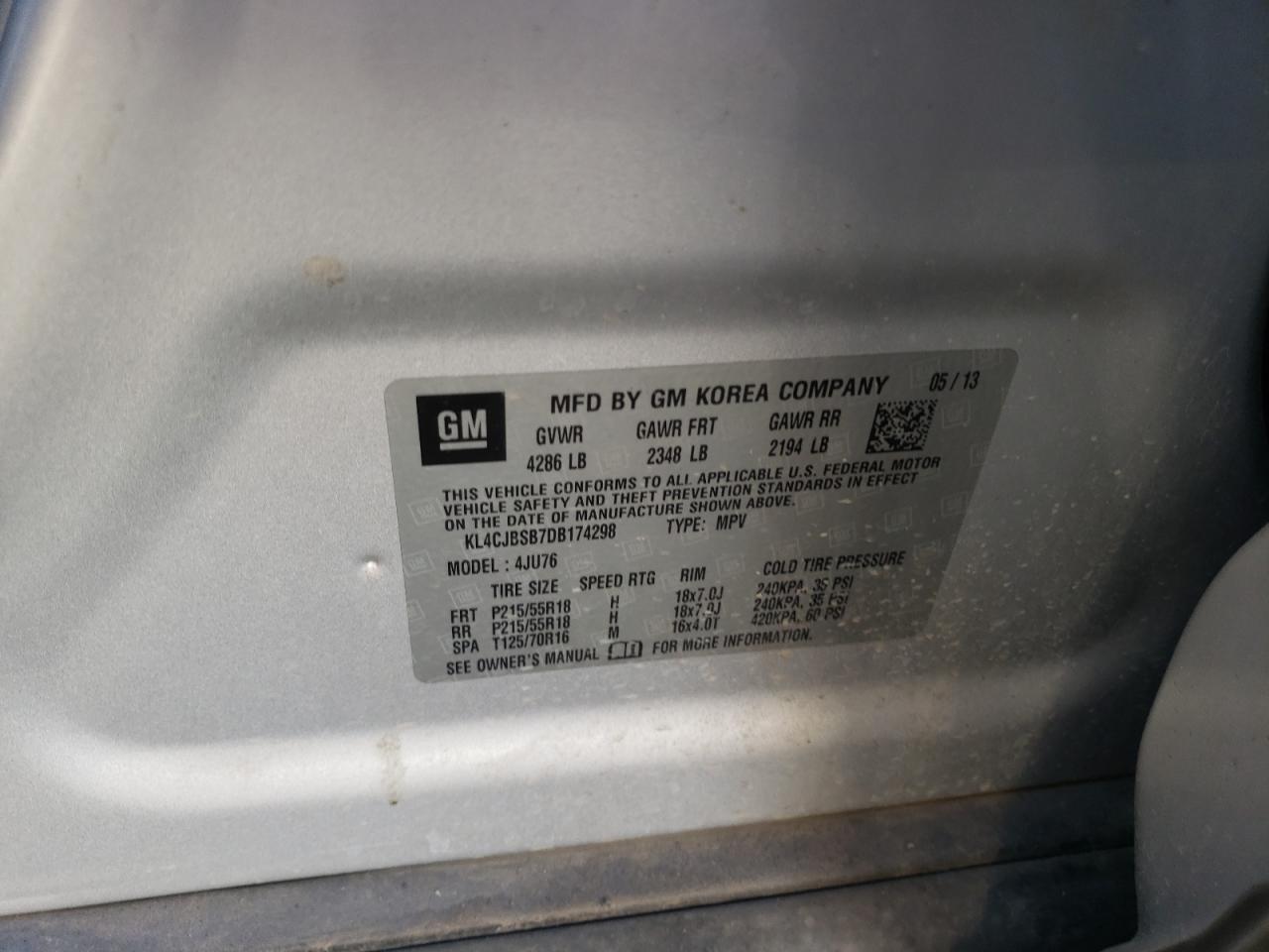 2013 Buick Encore Convenience VIN: KL4CJBSB7DB174298 Lot: 90544025