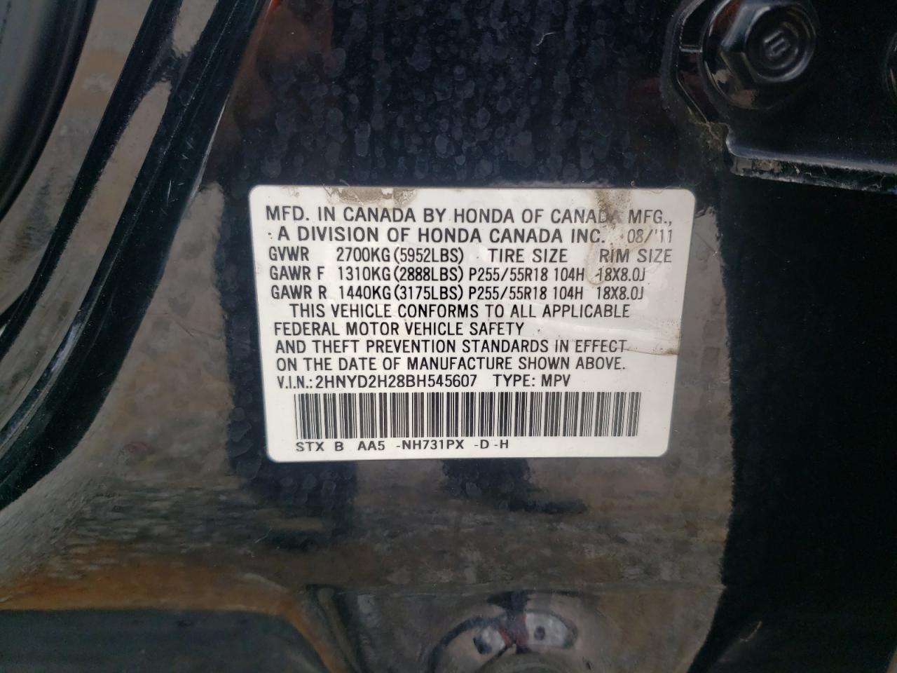 2011 Acura Mdx VIN: 2HNYD2H28BH545607 Lot: 85326065