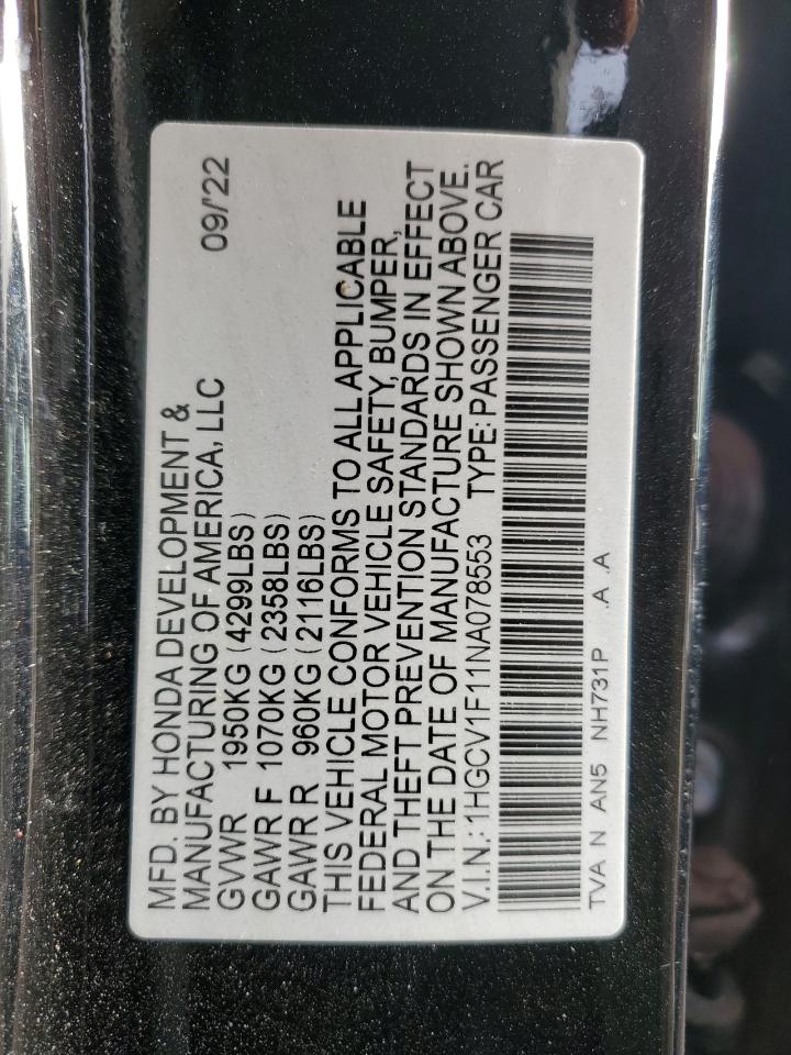 2022 Honda Accord Lx VIN: 1HGCV1F11NA078553 Lot: 83850015