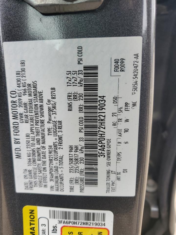 2017 Ford Fusion Se VIN: 3FA6P0H72HR219034 Lot: 82425925