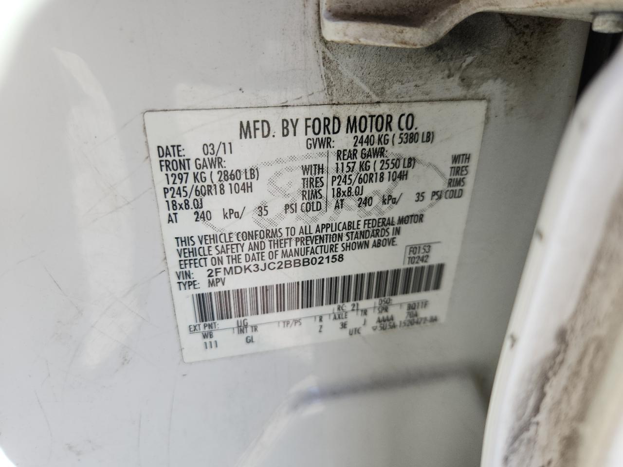 2011 Ford Edge Sel VIN: 2FMDK3JC2BBB02158 Lot: 86143805