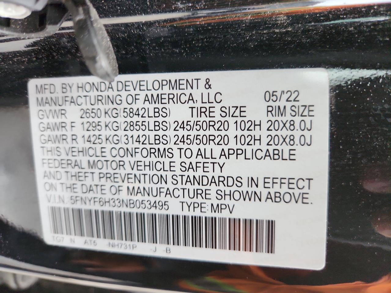 2022 Honda Pilot Sport VIN: 5FNYF6H33NB053495 Lot: 86279955