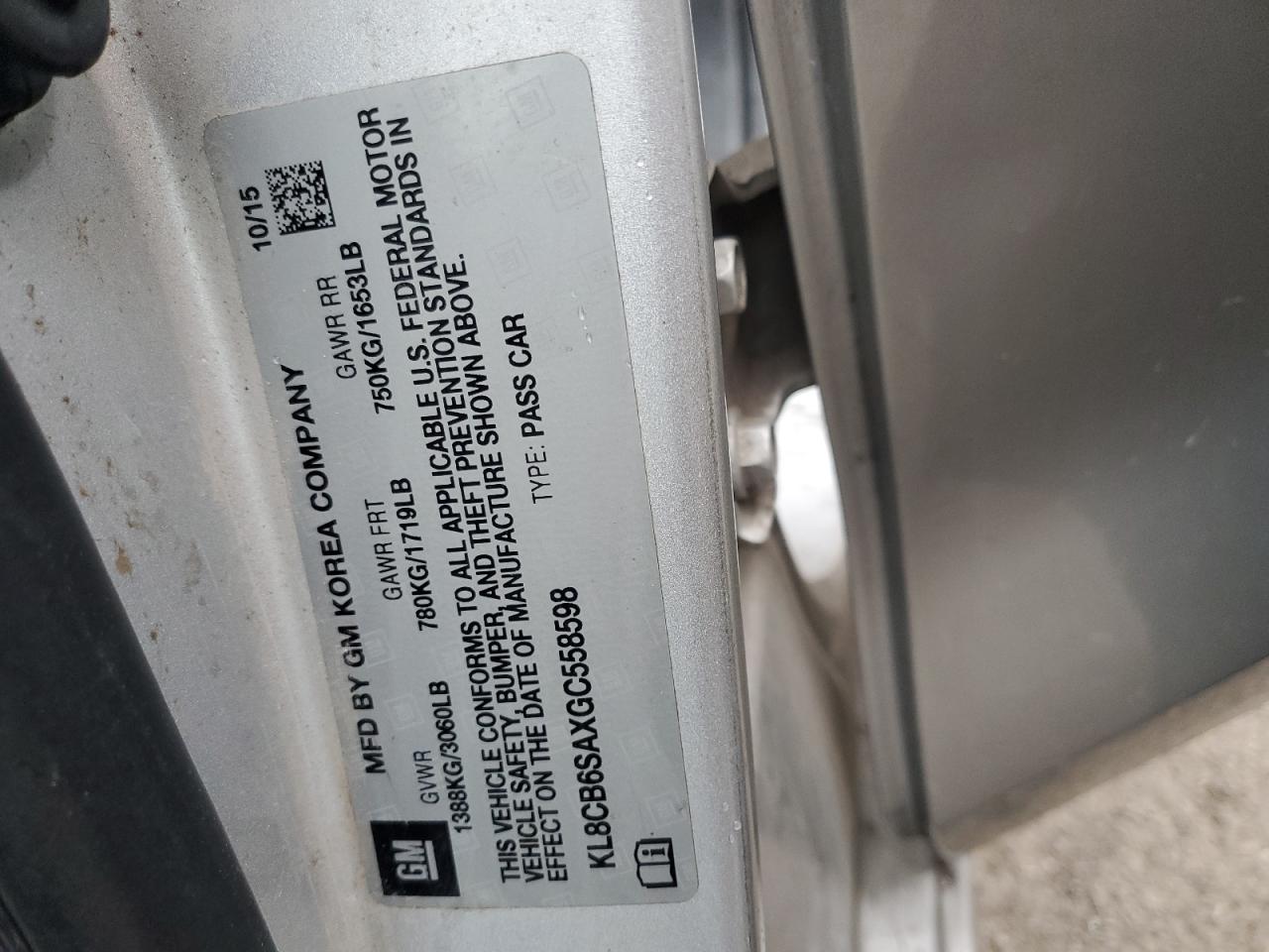 2016 Chevrolet Spark Ls VIN: KL8CB6SAXGC558598 Lot: 90025315