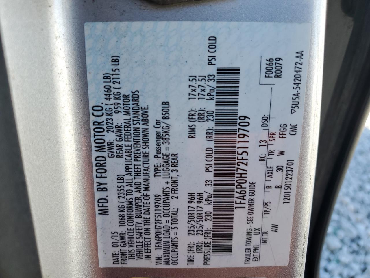 2015 Ford Fusion Se VIN: 1FA6P0H72F5119709 Lot: 85428445