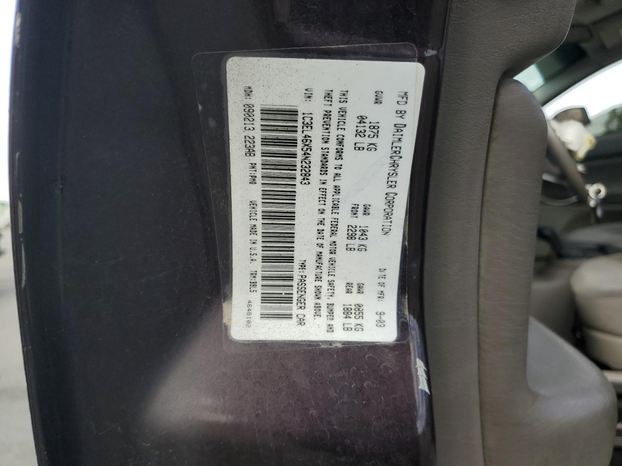 2004 Chrysler Sebring Lx VIN: 1C3EL46X54N232843 Lot: 85166735