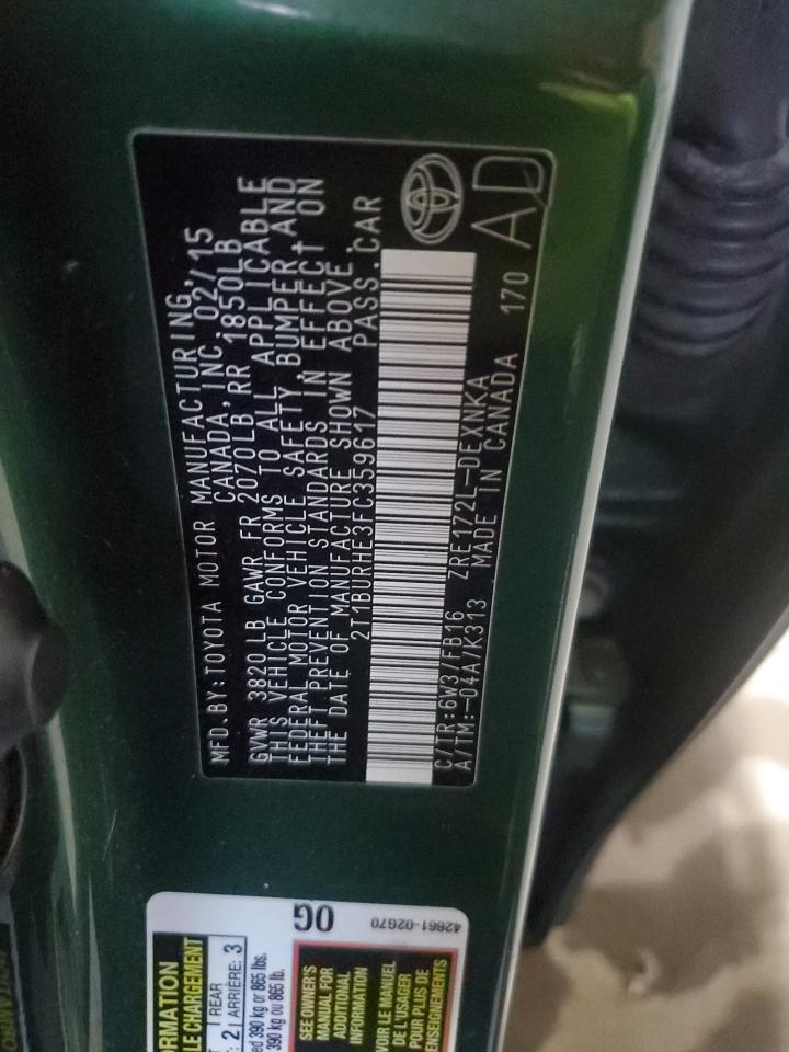 2015 Toyota Corolla L VIN: 2T1BURHE3FC359617 Lot: 85531665