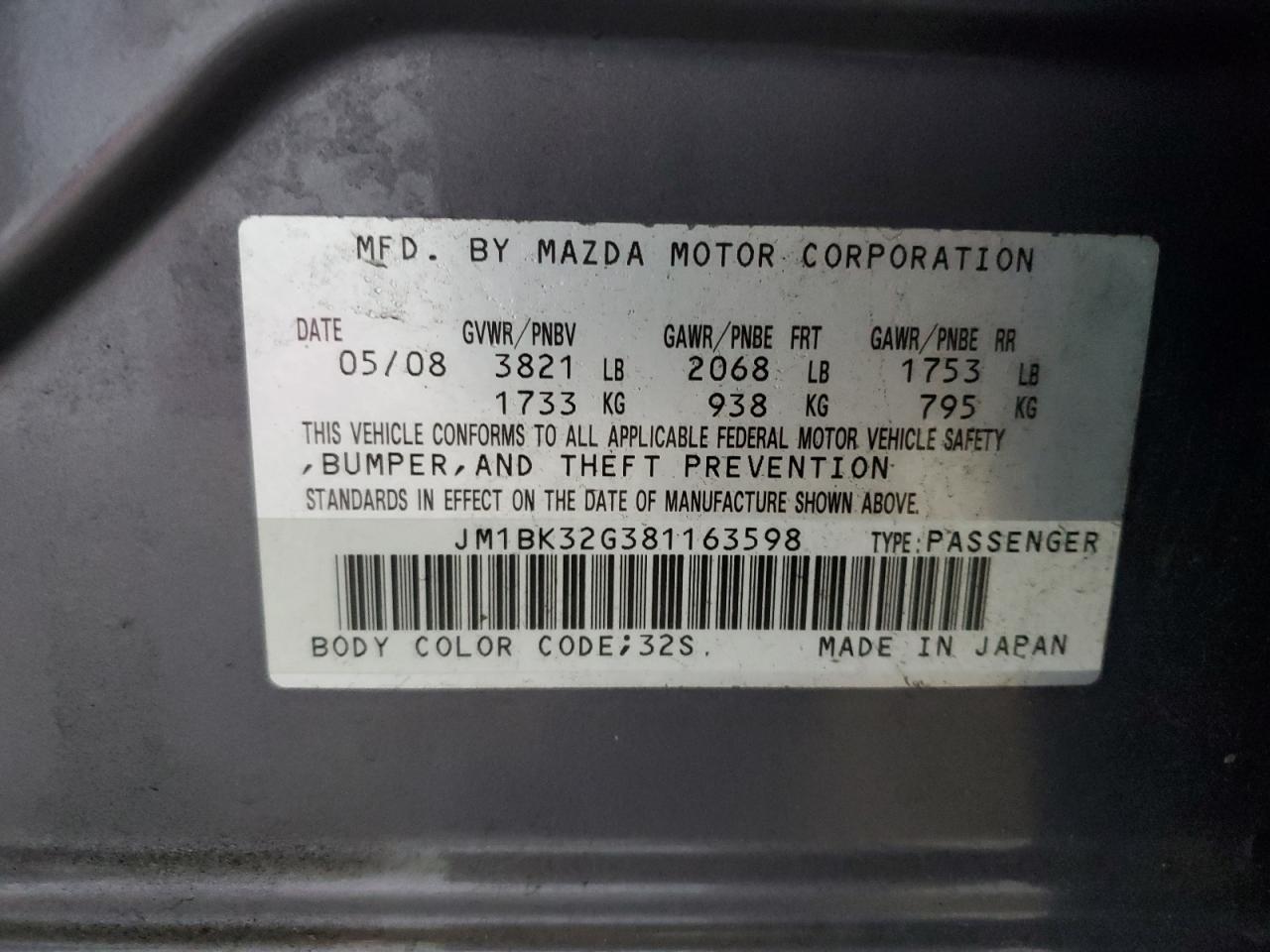 2008 Mazda 3 I VIN: JM1BK32G381163598 Lot: 85570525