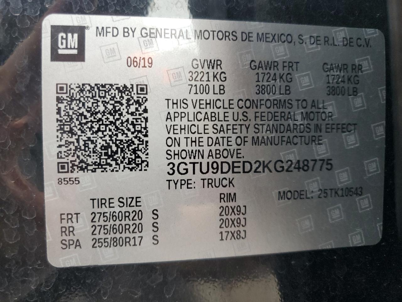 2019 GMC Sierra K1500 Slt VIN: 3GTU9DED2KG248775 Lot: 85164865