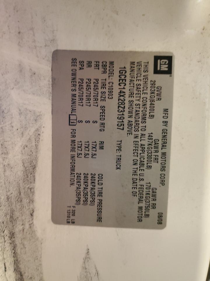 2008 Chevrolet Silverado C1500 VIN: 1GCEC14X28Z319157 Lot: 82311285