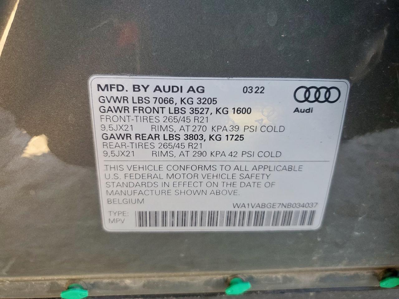 2022 Audi E-Tron Chronos VIN: WA1VABGE7NB034037 Lot: 90238775