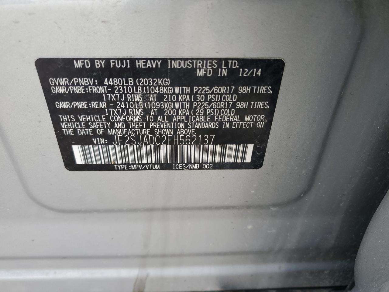 2015 Subaru Forester 2.5I Premium VIN: JF2SJADC2FH562137 Lot: 85594005