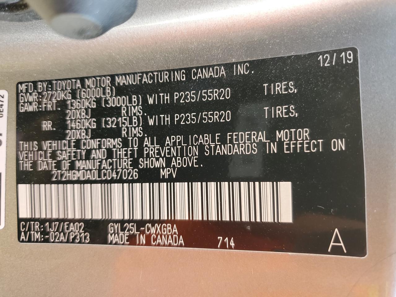 2020 Lexus Rx 450H VIN: 2T2HGMDA0LC047026 Lot: 85284705