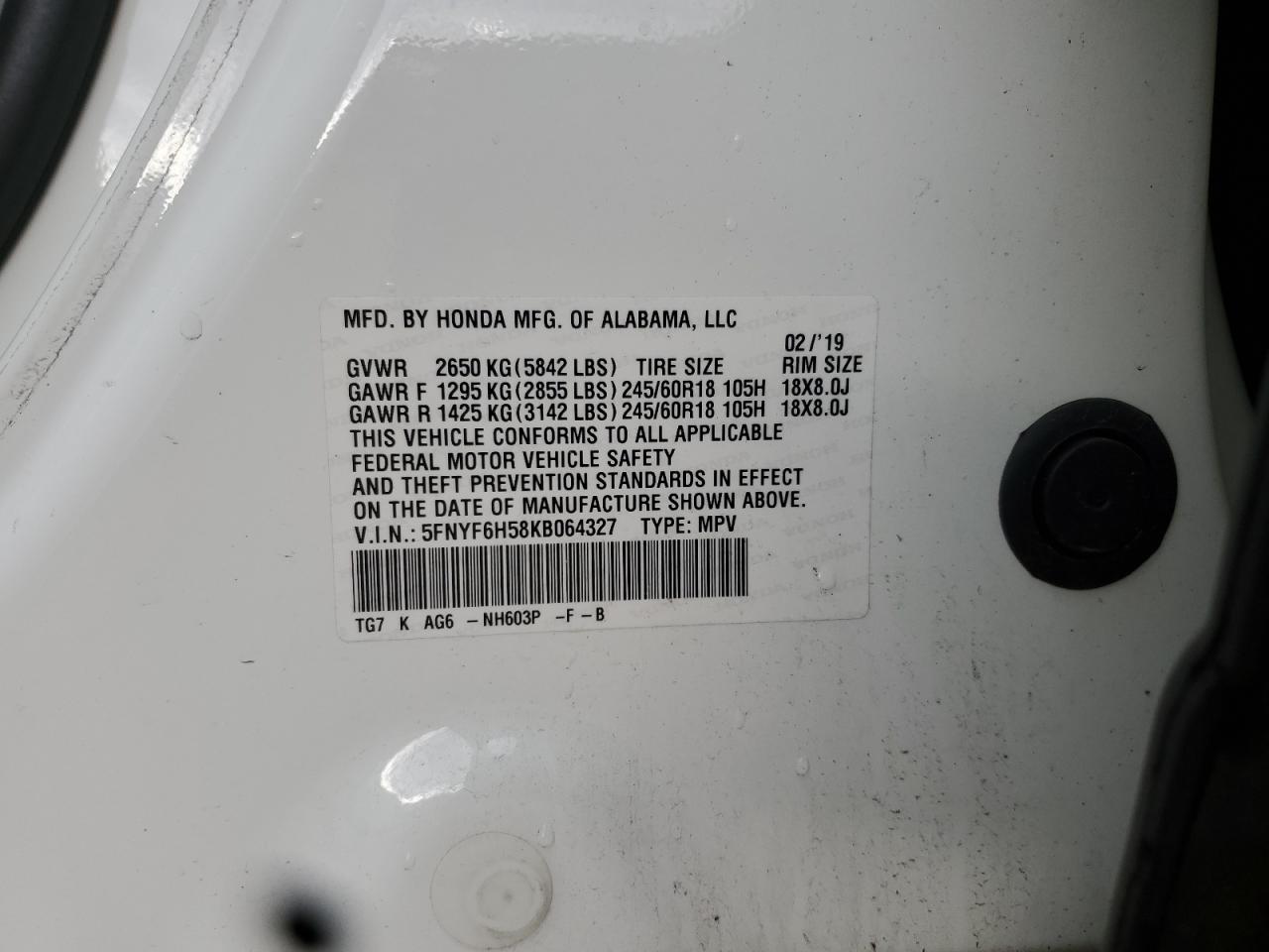 2019 Honda Pilot Exl VIN: 5FNYF6H58KB064327 Lot: 86864075