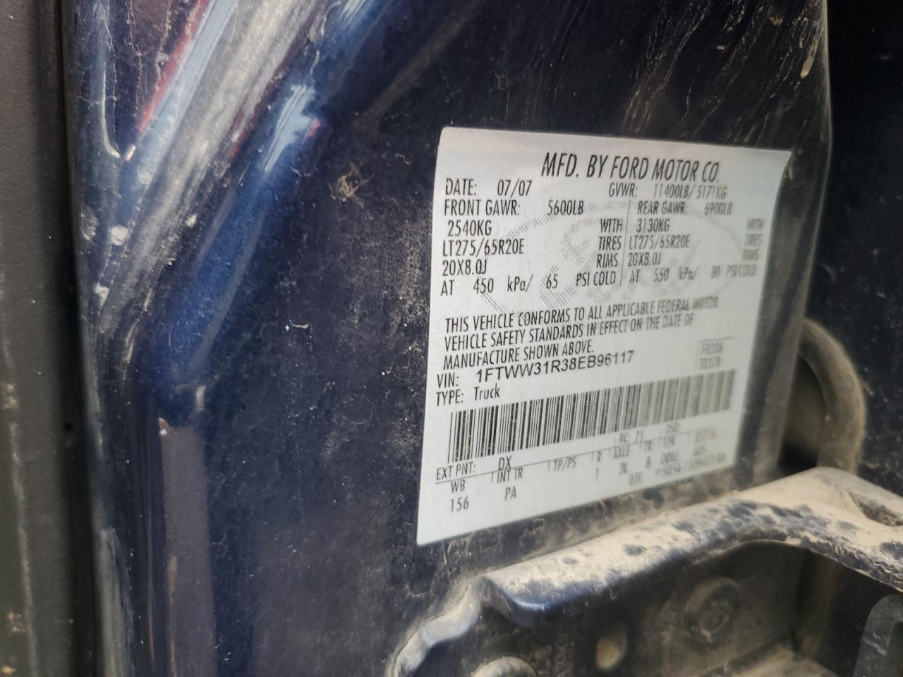 2008 Ford F350 Srw Super Duty VIN: 1FTWW31R38EB96117 Lot: 85331465