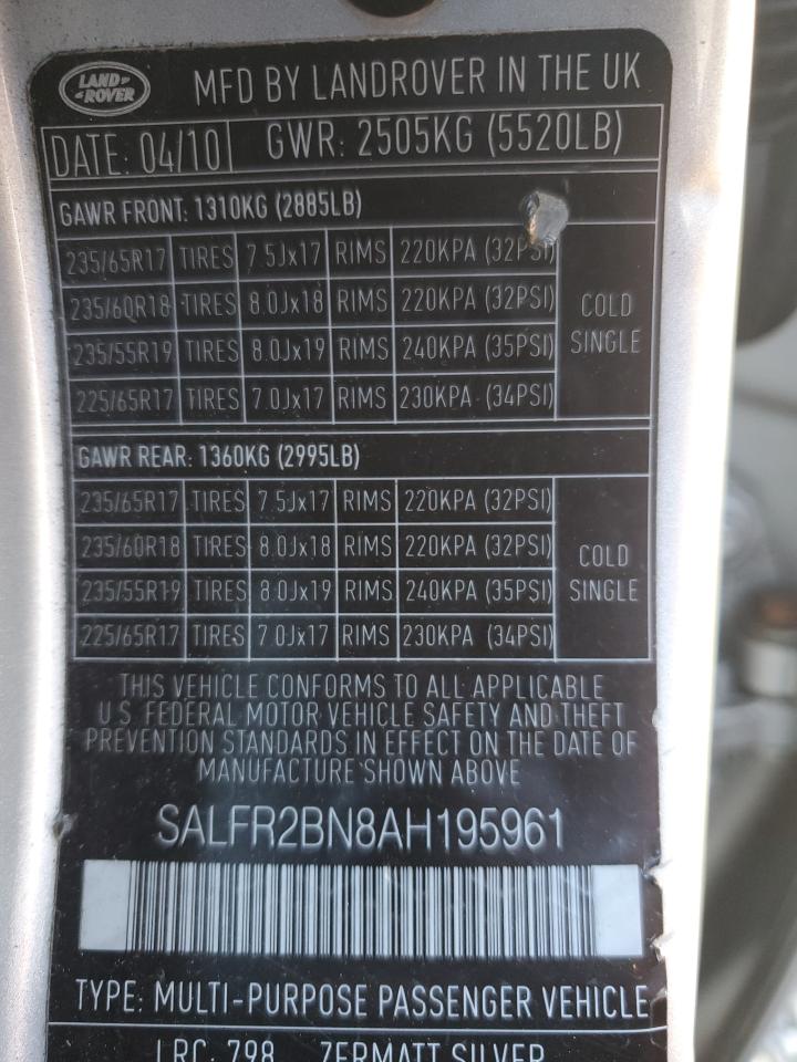 2010 Land Rover Lr2 Hse VIN: SALFR2BN8AH195961 Lot: 82360065