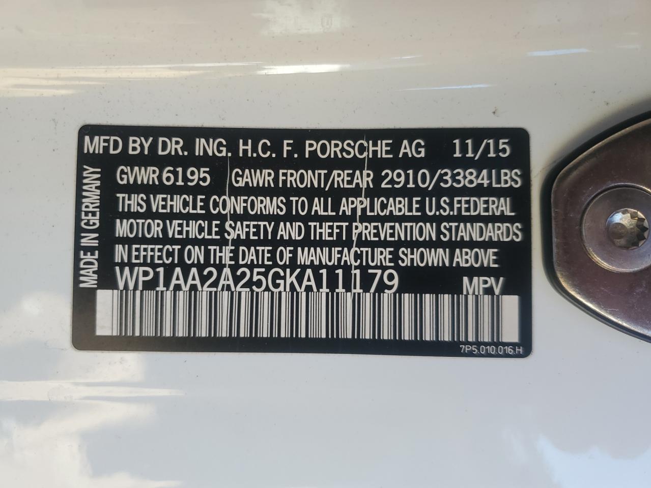 2016 Porsche Cayenne VIN: WP1AA2A25GKA11179 Lot: 85847945