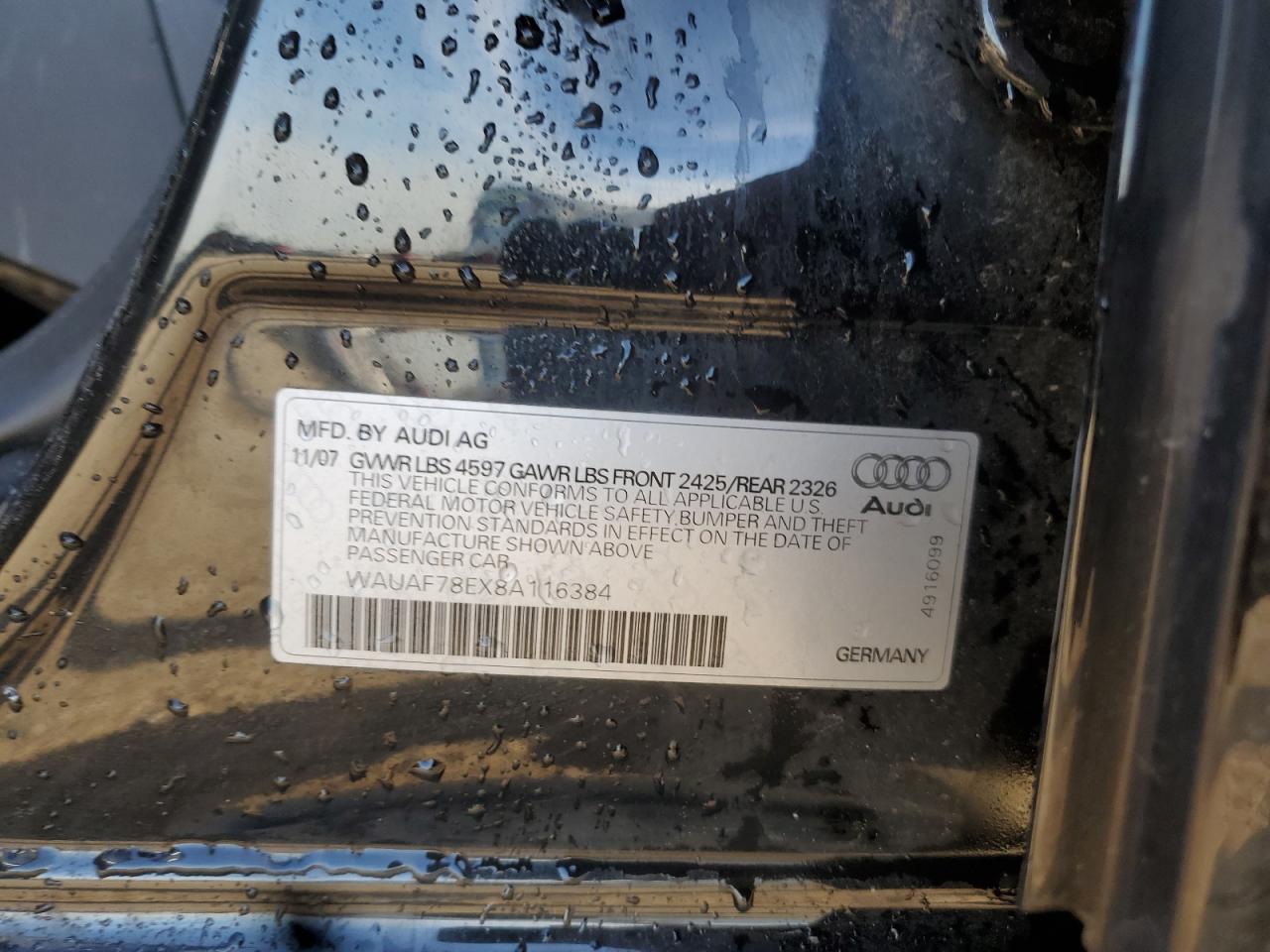 2008 Audi A4 2.0T VIN: WAUAF78EX8A116384 Lot: 84835735
