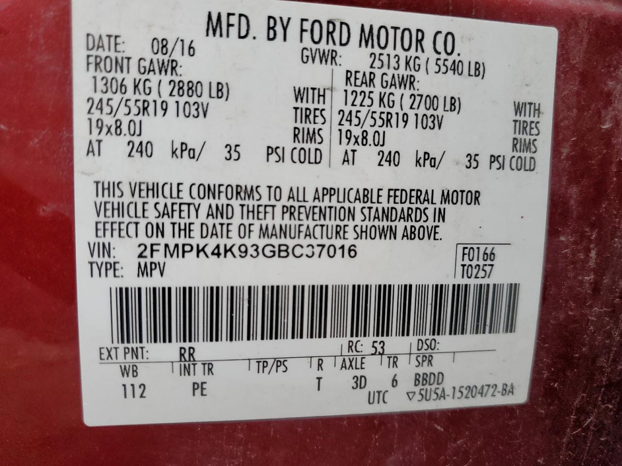 2016 Ford Edge Titanium VIN: 2FMPK4K93GBC37016 Lot: 90137475