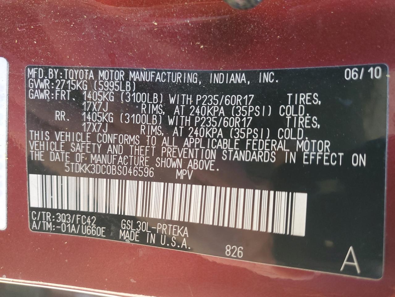 2011 Toyota Sienna Le VIN: 5TDKK3DC0BS046596 Lot: 80478625