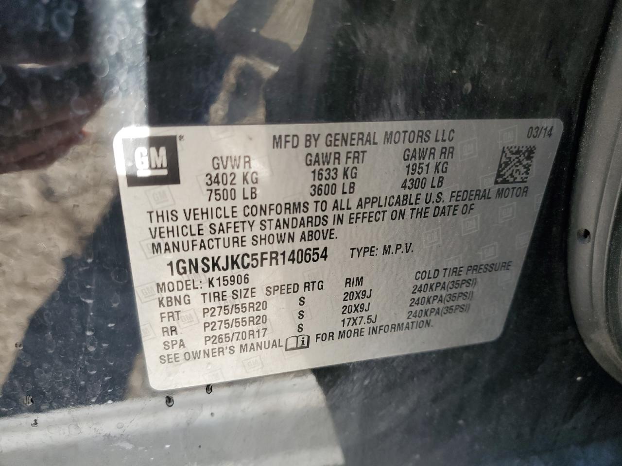 2015 Chevrolet Suburban K1500 Lt VIN: 1GNSKJKC5FR140654 Lot: 82438495