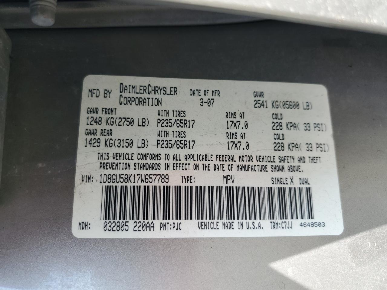 2007 Dodge Nitro Slt VIN: 1D8GU58K17W657789 Lot: 89437955