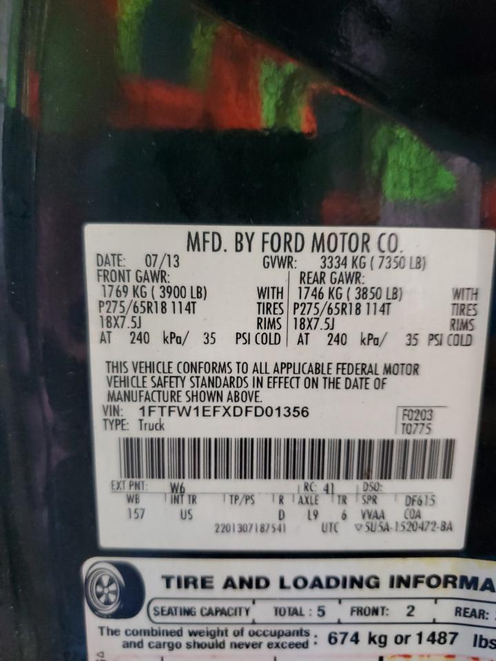2013 Ford F150 Supercrew VIN: 1FTFW1EFXDFD01356 Lot: 82449575