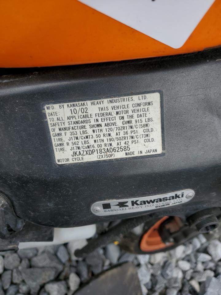 2003 Kawasaki Zx750 P VIN: JKAZXDP183A062585 Lot: 85556805