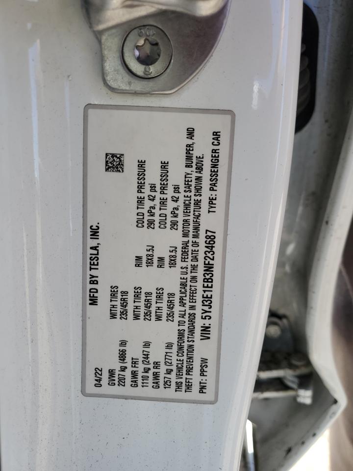 2022 Tesla Model 3 VIN: 5YJ3E1EB3NF234687 Lot: 87090795