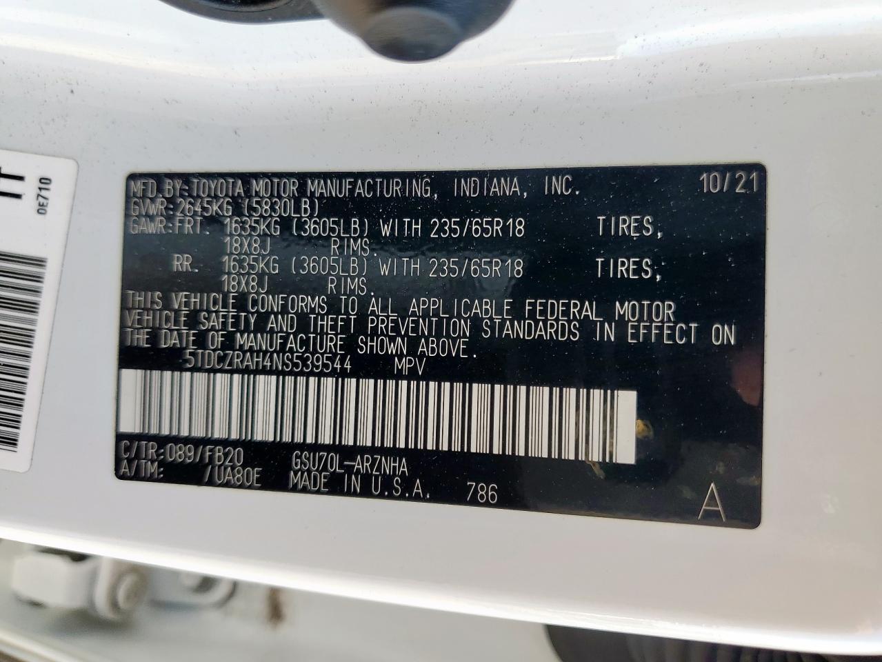 2022 Toyota Highlander L VIN: 5TDCZRAH4NS539544 Lot: 85306415