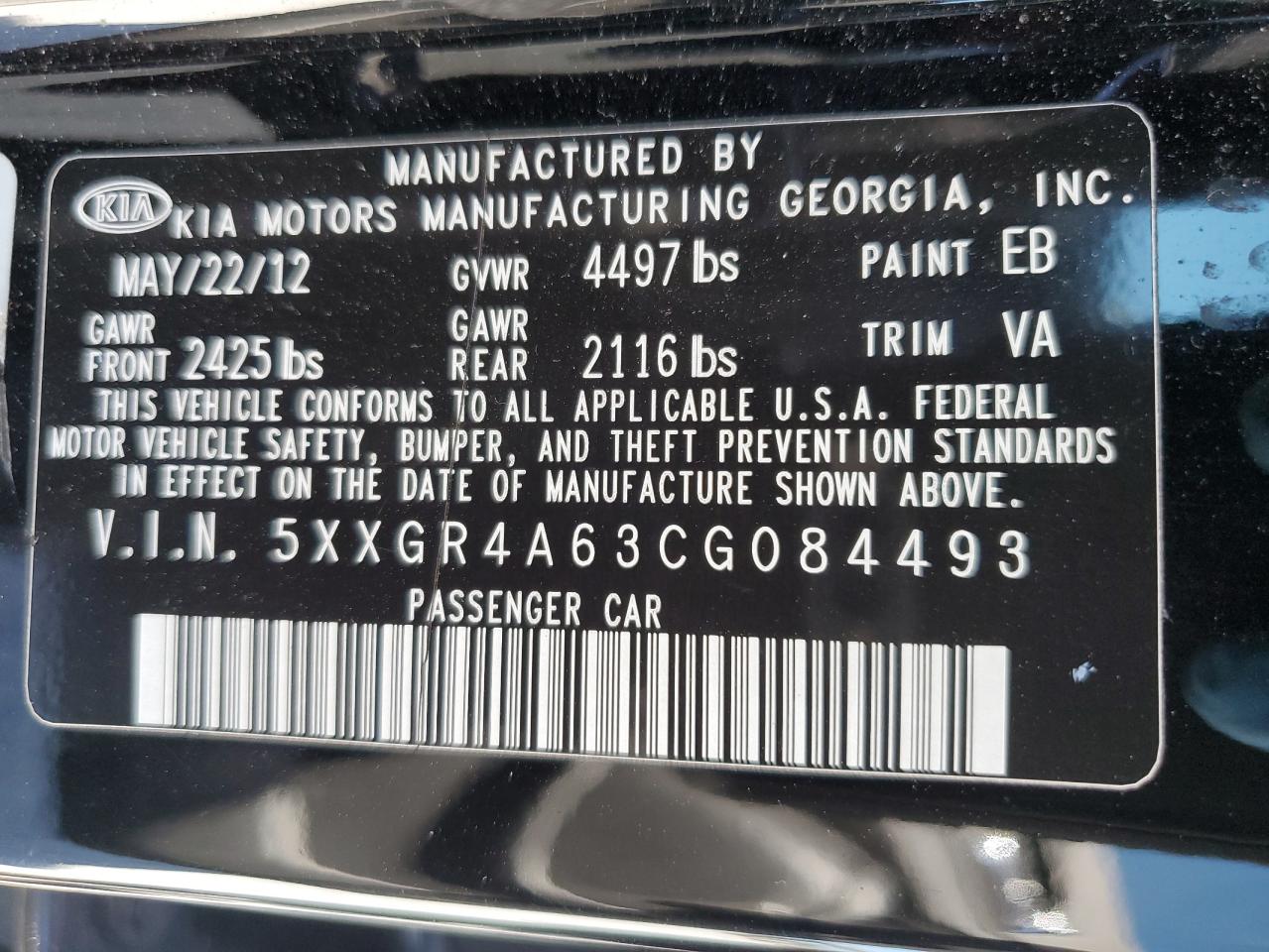 2012 Kia Optima Sx VIN: 5XXGR4A63CG084493 Lot: 82412105