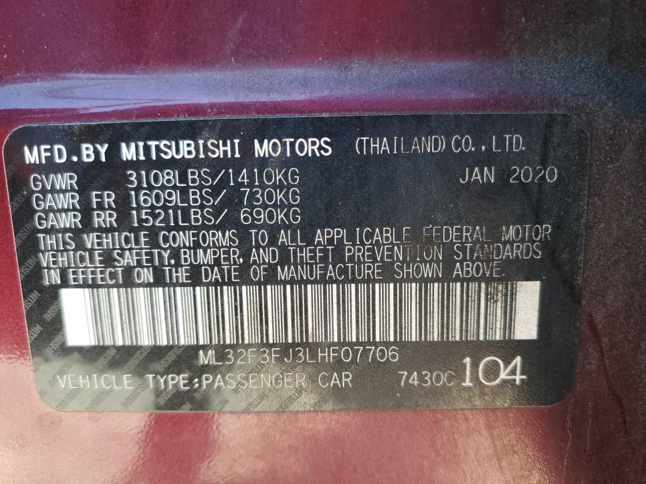 2020 Mitsubishi Mirage G4 Es VIN: ML32F3FJ3LHF07706 Lot: 87084115