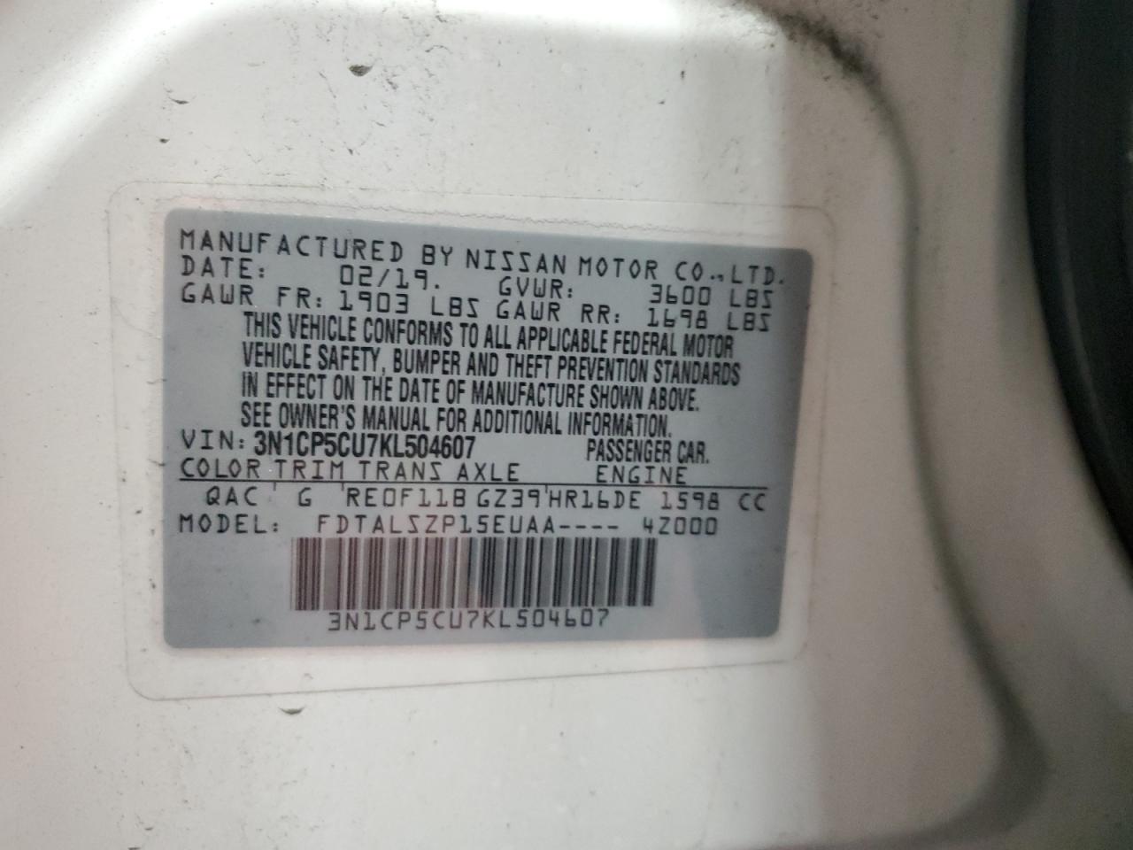 2019 Nissan Kicks S VIN: 3N1CP5CU7KL504607 Lot: 86432605