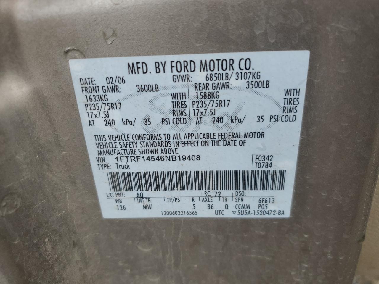 2006 Ford F150 VIN: 1FTRF14546NB19408 Lot: 84928475