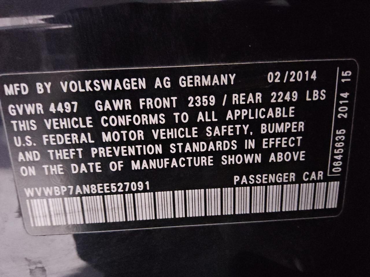 2014 Volkswagen Cc Sport VIN: WVWBP7AN8EE527091 Lot: 80762845