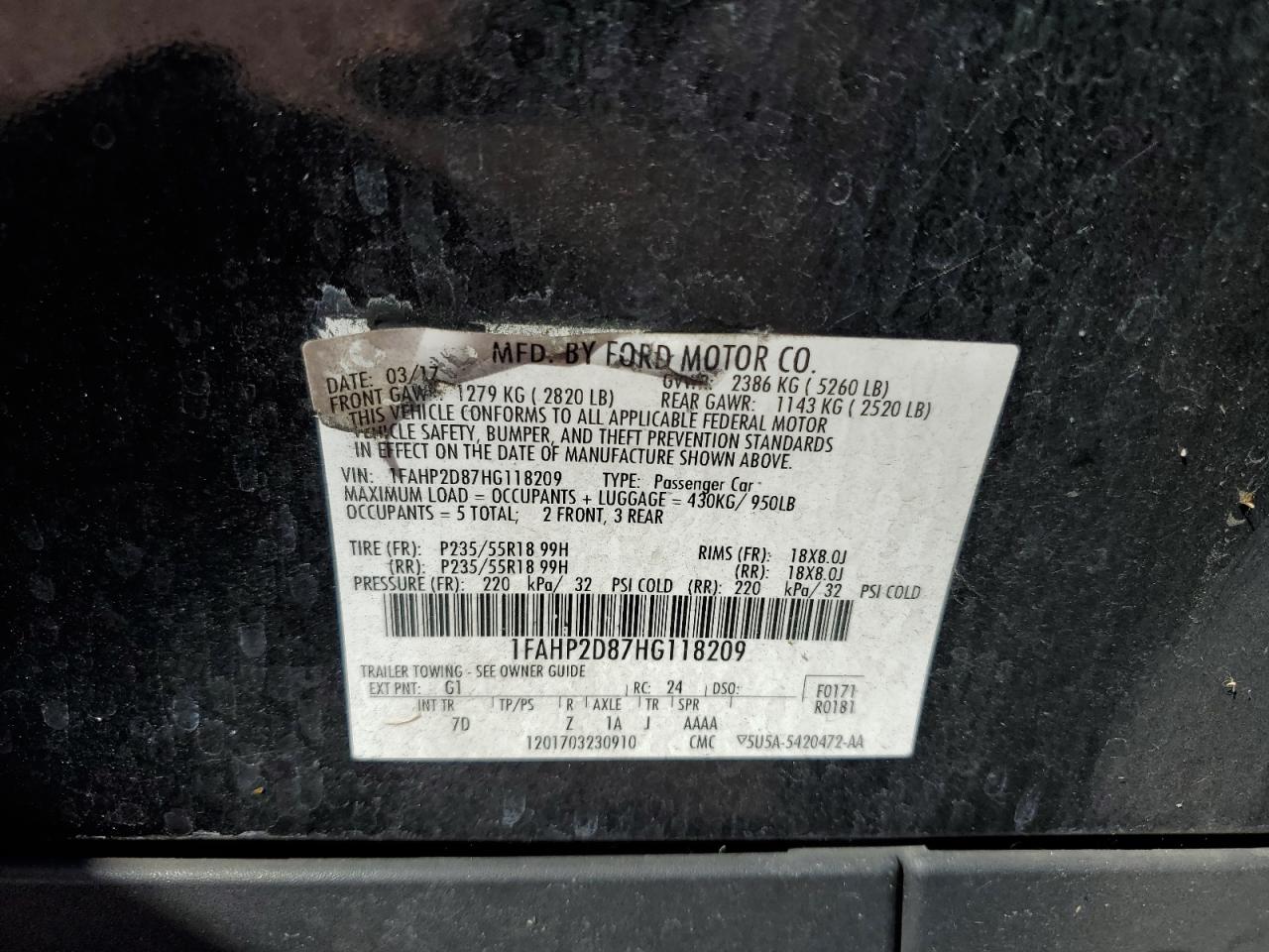 2017 Ford Taurus Se VIN: 1FAHP2D87HG118209 Lot: 90897985