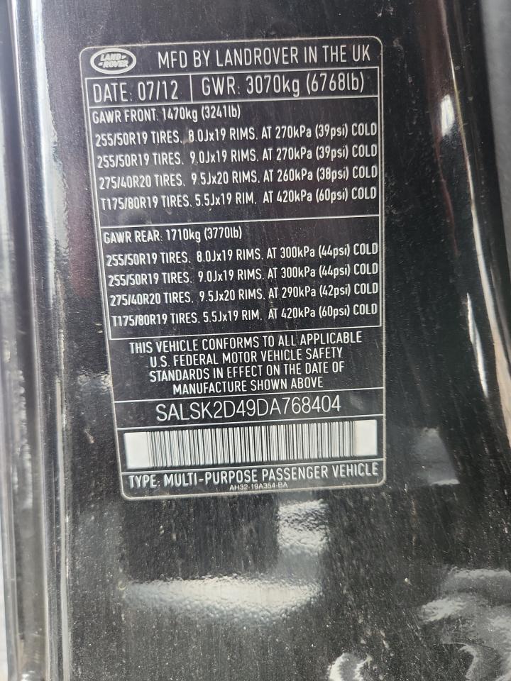 2013 Land Rover Range Rover Sport Hse Luxury VIN: SALSK2D49DA768404 Lot: 85542595