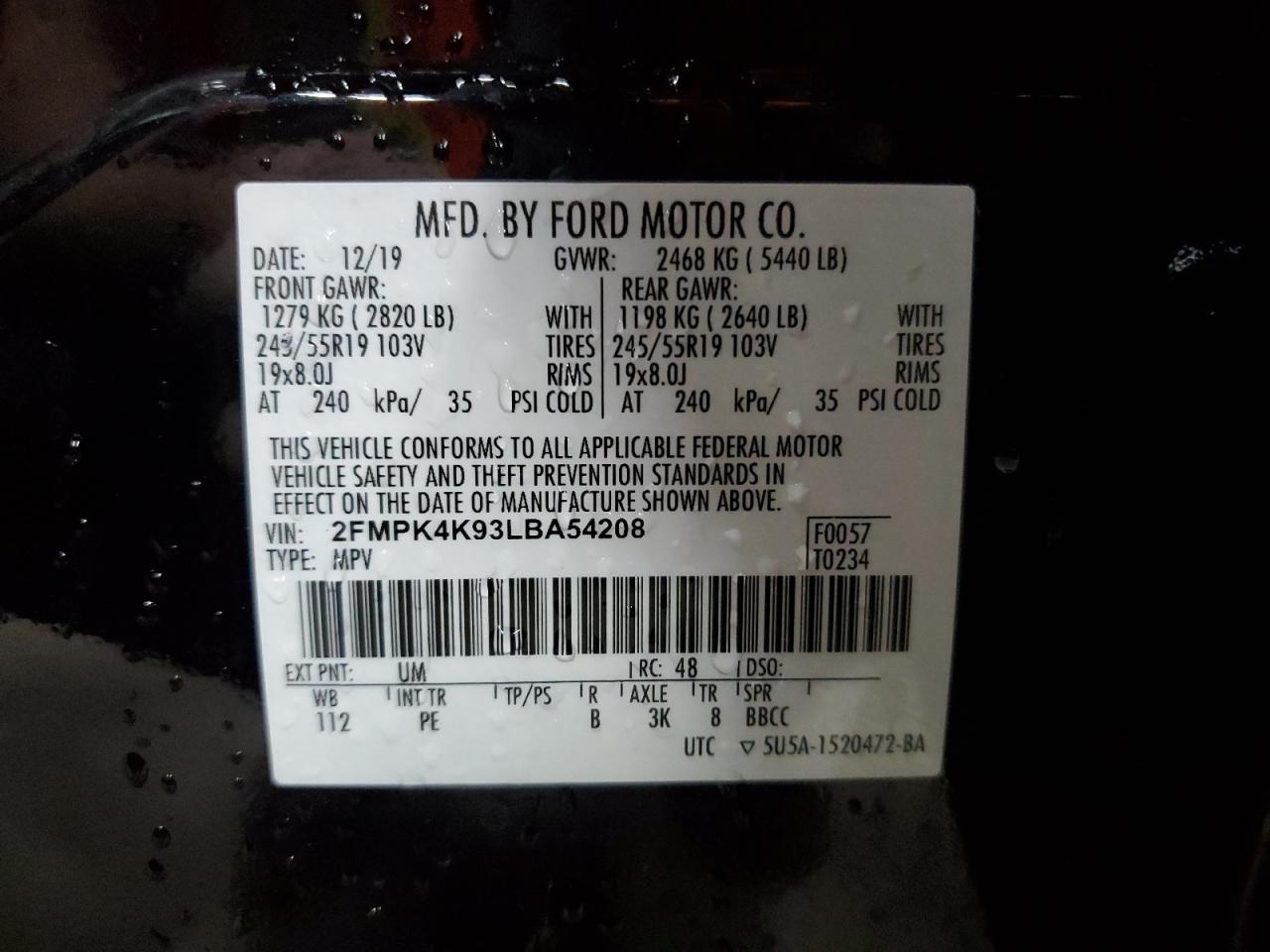 2020 Ford Edge Titanium VIN: 2FMPK4K93LBA54208 Lot: 87251725