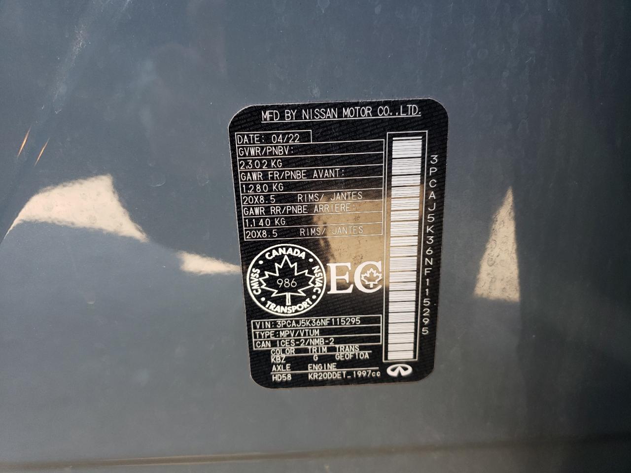 2022 Infiniti Qx55 Essential VIN: 3PCAJ5K36NF115295 Lot: 89527445