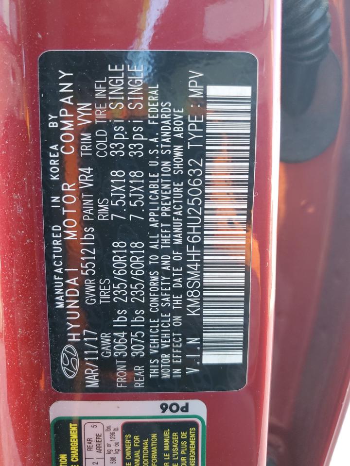 2017 Hyundai Santa Fe Se VIN: KM8SM4HF6HU250632 Lot: 85324345