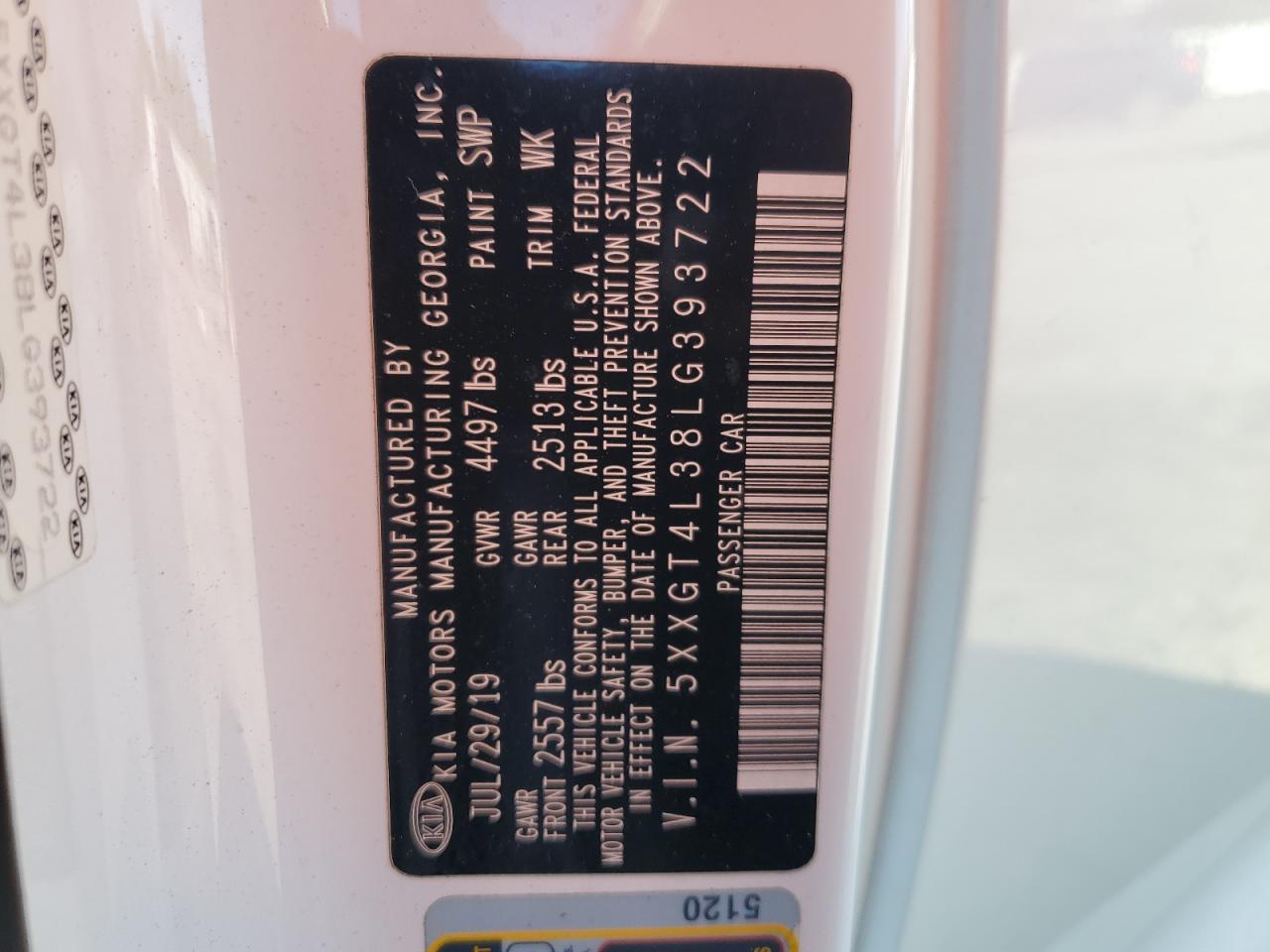 2020 Kia Optima Lx VIN: 5XXGT4L38LG393722 Lot: 90775425