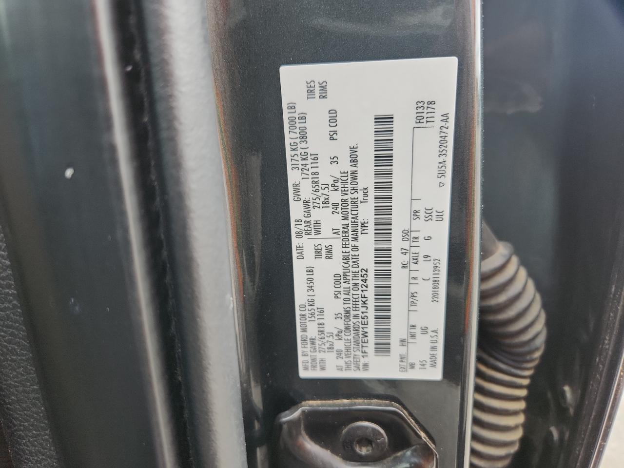 2018 Ford F150 Supercrew VIN: 1FTEW1E51JKF12452 Lot: 82418905