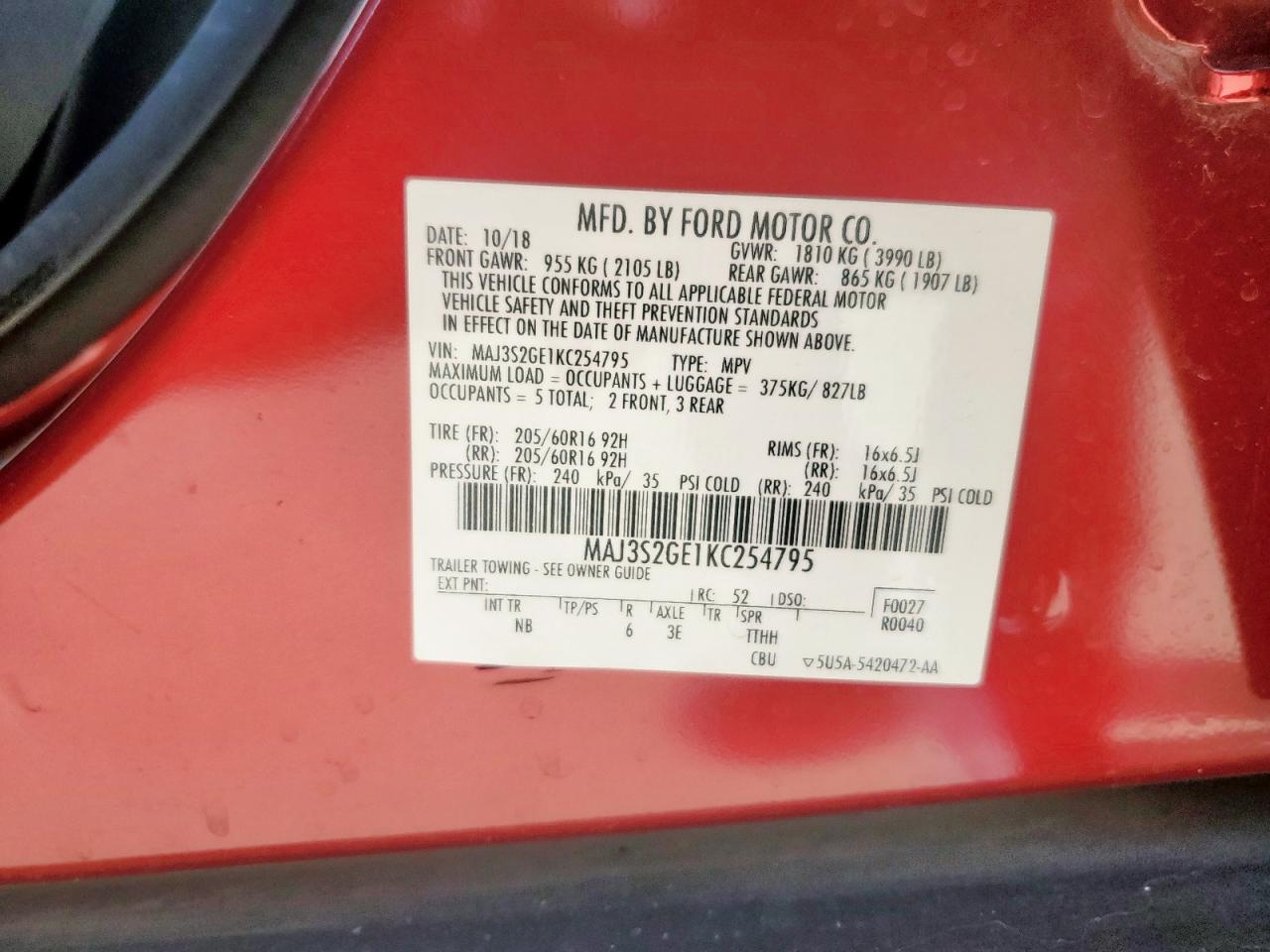 2019 Ford Ecosport Se VIN: MAJ3S2GE1KC254795 Lot: 90457025