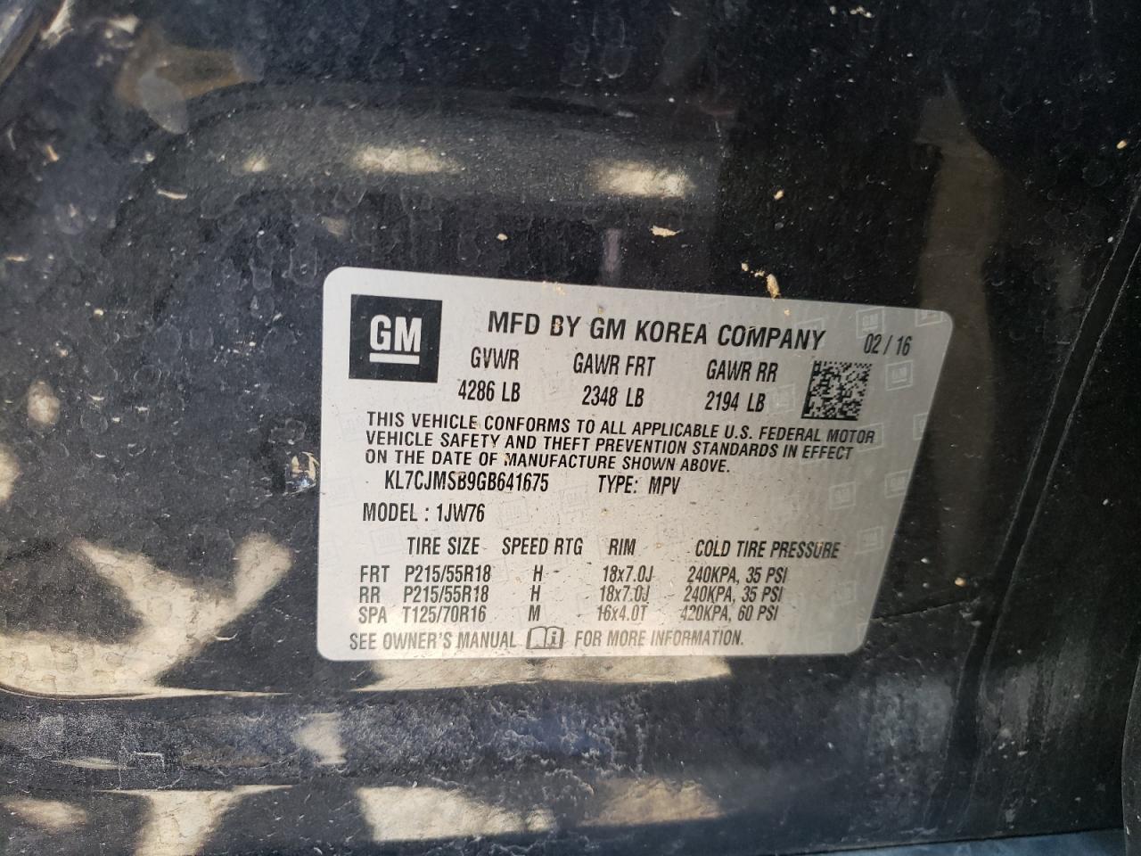 2016 Chevrolet Trax Ltz VIN: KL7CJMSB9GB641675 Lot: 82209955