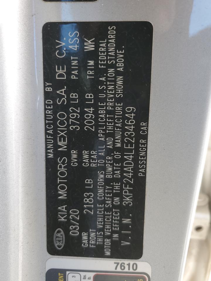 2020 Kia Forte Fe VIN: 3KPF24AD4LE234649 Lot: 84883415
