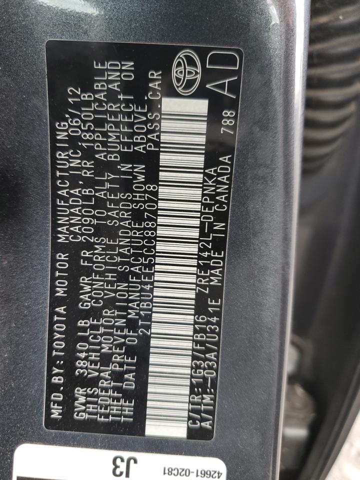 2012 Toyota Corolla Base VIN: 2T1BU4EE5CC887078 Lot: 85912435